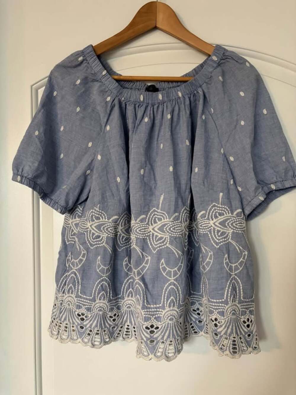 Talbots Woman Petites XP Blue Chambray Boho Embroidered Eyelet Blouse Plus Size